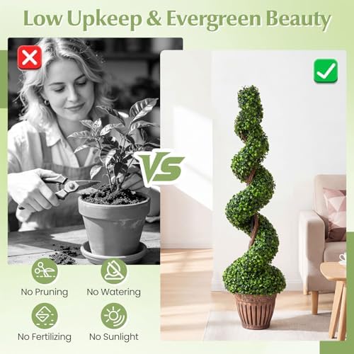 GOPLUS 4 Ft Artificial Boxwood Spiral Topiary Tree, Fake Greenery Plants, Leaves & Cement-Filled Plastic Flower Pot Decorative Trees for Porch Home Office Indoor Outdoor