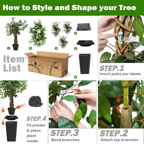Artificial Ficus Tree, 6 FT Faux Ficus Tree Indoor with Black Planter