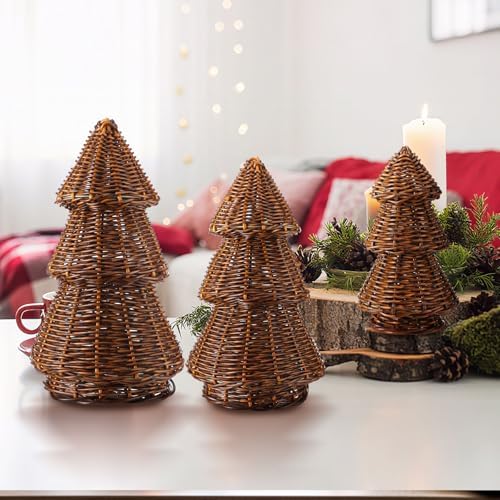 MiniInflat 3 Pcs Woven Rattan Christmas Tree Decor, Classic Weave, Brown