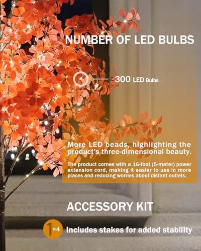 TYBEEU 6FT 5-Leaf Lucky Tree with 300 Warm White LEDs (Red Leaves)