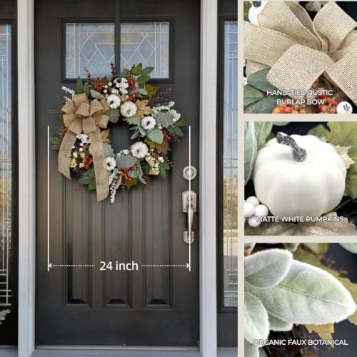 24 Inch Neutral Fall Wreath for Front Door with White Pumpkins & Bow
