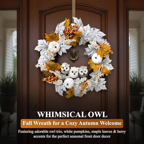 21 Inch Owl Pumpkin Fall Wreath - Autumn & Thanksgiving Door Decor
