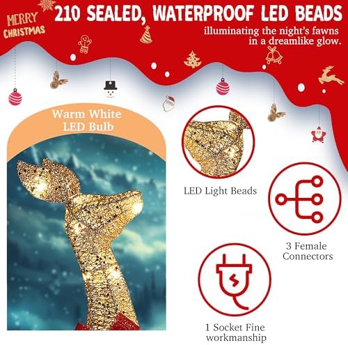 58 Inch 3D Gold Large Lighted Christmas Deer Decorations 3-Piece Outdoor Holiday Decorations Reindeer Set with 210 Warm White LEDs, Large Yard Display for Garden, Storefront