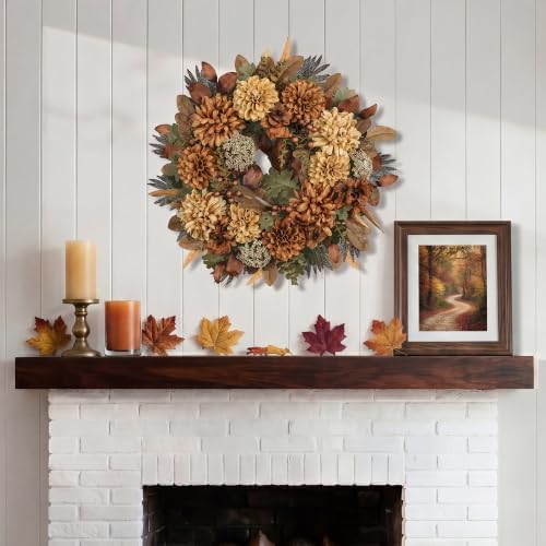 24" Fall Wreaths for Front Door with Mums Dahlias Queen Anne's Lace