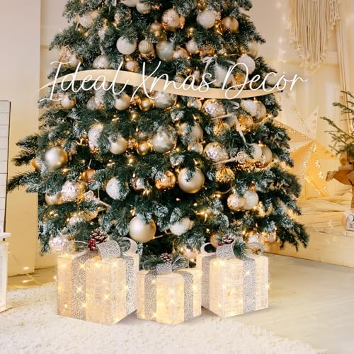 Towponics Set of 3 Christmas Lighted Gift Boxes with Plug, Indoor Outdoor Christmas Decorations with 60 LED Warm White Mini String Lights, Present Boxes with Silver Tinsel for Xmas Tree Porch Decor