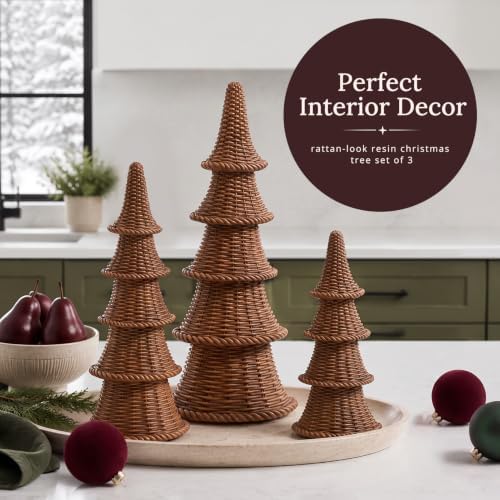 3PCS Resin Christmas Trees, Woven Style Tabletop Decor, Gift Box Set