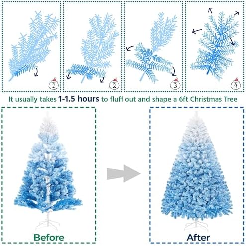 Yaheetech 6ft Premium Snow Flocked Artificial Christmas Tree Hinged Pine Full Holiday Xmas Tree for Home Office Party Decoration w/820 Branch Snow Tips & Metal Stand, Blue Gradient & White