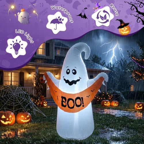 4FT Halloween Inflatable Ghost with Boo Banner,Bulit-in LEDs