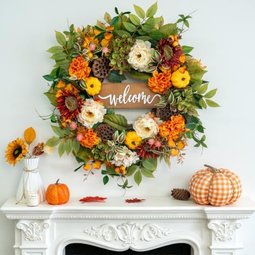 24 Inch Fall Wreaths for Front Door, Autumn Door Decor Thanksgiving Wreaths