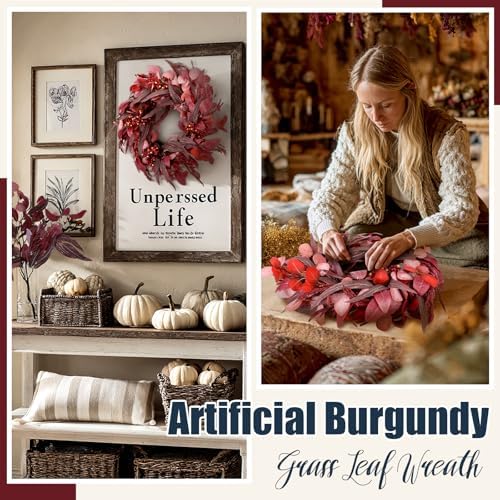 22" Burgundy Fall Wreath for Front Door Artificial Eucalyptus Wreaths