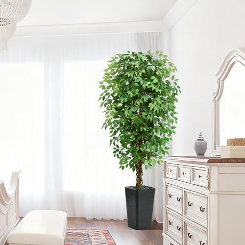 Artificial Ficus Tree, 6 FT Faux Ficus Tree Indoor with Black Planter