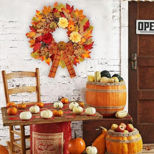 ICX 24 Inch Fall Wreaths for Front Door, Autumn Wreath with Lights and Bows
