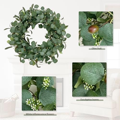24 Inch Eucalyptus Wreath for Front Door, Large Artificial Greenery Wreaths with Olive Leaves and Berries, Farmhouse Spring Summer Decor for Porch, Wall, Window, All Season
