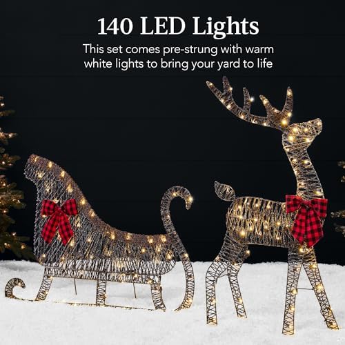 Best Choice Products 4ft Lighted 2D Reindeer & Sleigh Set, Christmas Holiday Deer & Sled Outdoor Yard Decoration w/ 140 LED Lights - Rattan