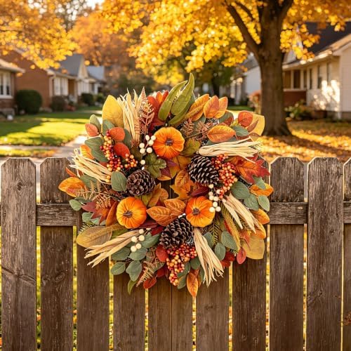 26 Inch Fall Wreaths for Front Door, Autumn Harvest Wreath, Large Autumn Wreath with Pumpkin, Pinecones and Berries, Fall Wreath for Thanksgiving & Harvest Fall Door Decor
