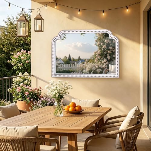 24x36 Inch Ornate Scalloped Arch Mirror, Wooden Antique Beaded Wall Mirrors