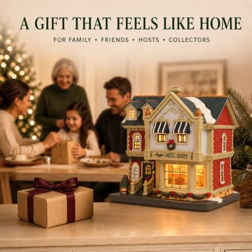 MUMTOP Ceramic Christmas Village Houses, Lighted Music Shoppe Village House