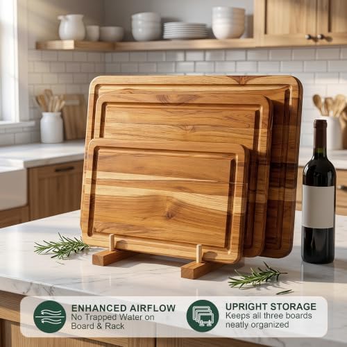 3 Pcs Teak Wood Cutting Board Set with Fast Drying Stand for Kitchen