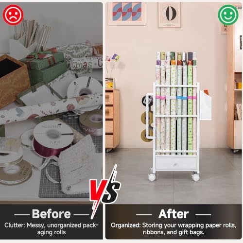 Aquzee Wrapping Paper Storage, Adjustable Gift Wrap Station with Drawer