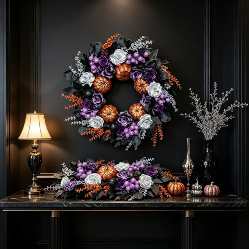 24 Inch Pumpkins Purple Black Halloween Wreaths for Front Door