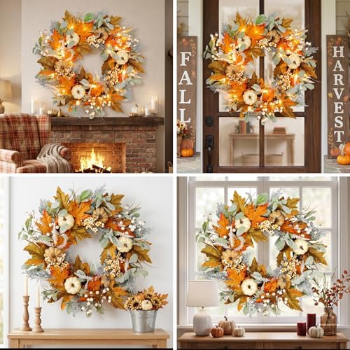 24in Pre-lit Front Door Fall Wreath,for Thanksgiving Home Decor