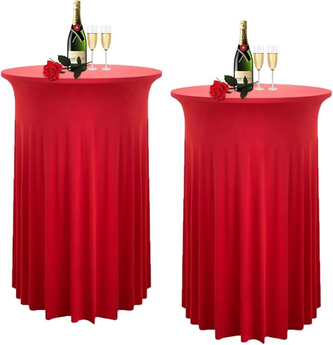 Albassa 2 Pack Cocktail Table Covers 32"x 43" Spandex Stretch Round Cocktail Tablecloths with Wavy Drapes Fitted High Top Bar Table Skirts for Wedding Party Banquet (Red, 2 PCS)
