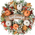 24 Inch Fall Pumpkin Maple Leaves for Front Door, Autumn White Orange Pumpkin Greenery Leaves Wreath for Indoor Outdoor, Welcome Sign Pumpkin Wreath