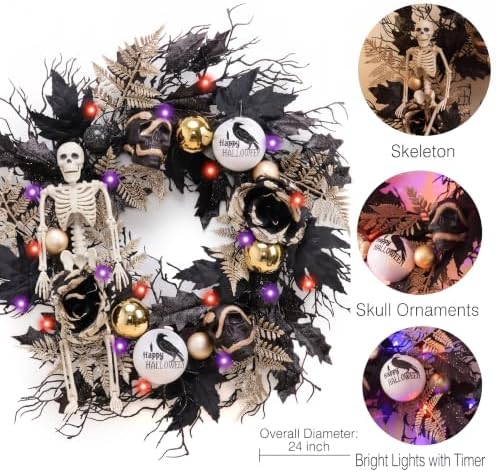 DecorbyHannah 24'' Skeleton Halloween Wreath with Lights for Front Door