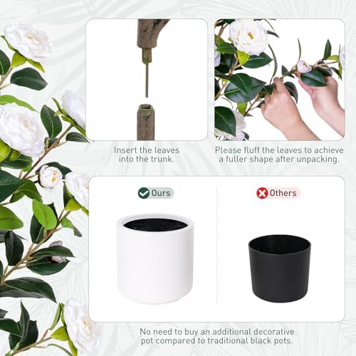 Yepdin 63 inch Artificial Camellia Tree with White Flower Pots -2 Pack White Fake Tree,5 Ft Faux Plants Indoor wich Blooming,Artificial Plants for Indoor & Outdoor Home Front Door Decor