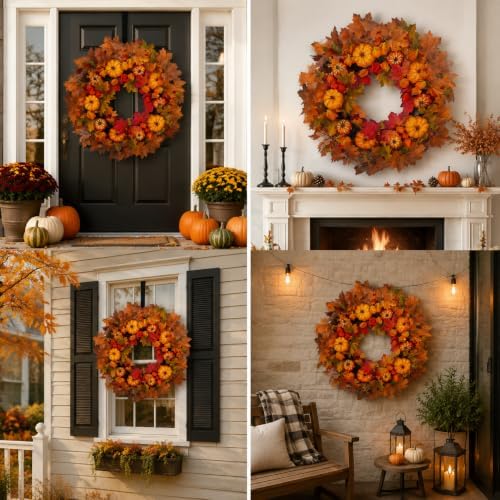 Thanksgiving Fall Wreath for Front Door 24 Inch Pumpkins Autumn Wreaths