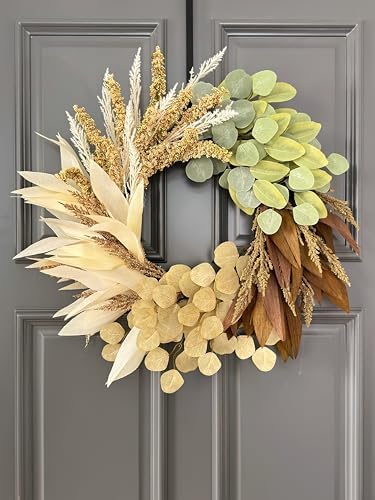 24" Fall Wreath for Front Door, Faux Leaves Corn Husk Autumn Wreath
