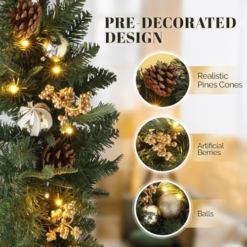 VINGLI Pre-lit 5-Piece Set Christmas Tree with LED Lights, Christmas Garlands, Wreath and Set of 2 Entrance Trees Artificial Christmas Porch Decorations, Gold