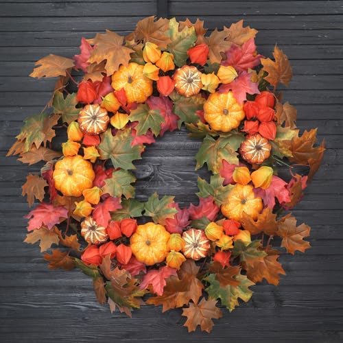 Thanksgiving Fall Wreath for Front Door 24 Inch Pumpkins Autumn Wreaths