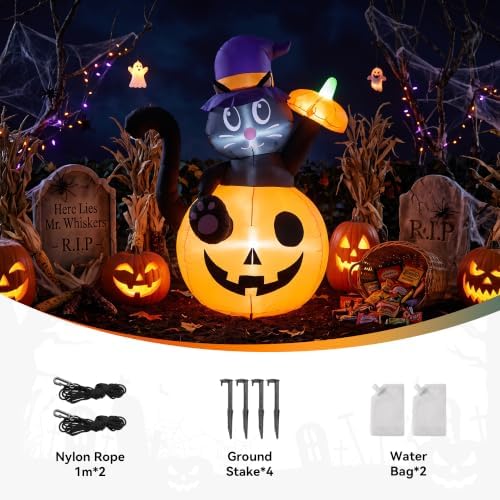 4.5FT Halloween Inflatable Black Cat with Pumpkin Outdoor Decorations, Blow Up Black Cat Yard Decor with Built-in LEDs for Garden Lawn Party Holiday Display