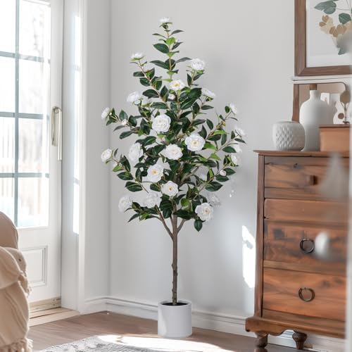 Yepdin 63 inch Artificial Camellia Tree with White Flower Pots -2 Pack White Fake Tree,5 Ft Faux Plants Indoor wich Blooming,Artificial Plants for Indoor & Outdoor Home Front Door Decor