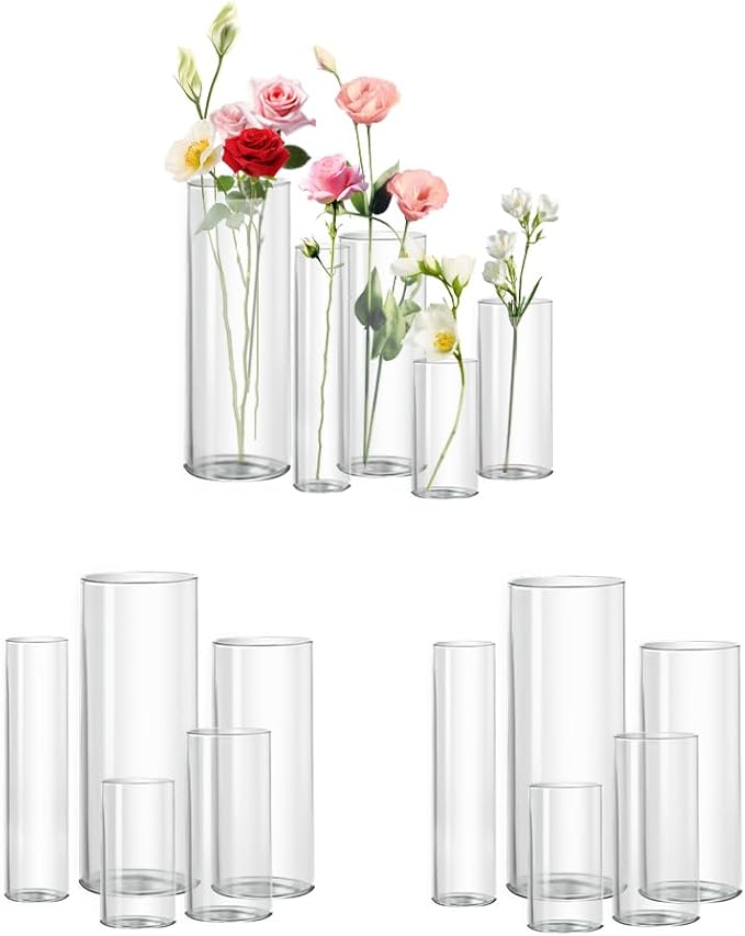 15pcs Clear Glass Vase for Centerpieces, 4,6,7.5,8,10 inch Tall Cylinder Flower Vase Bulk Floating Candle Holder for Wedding Table Home Décor and Party