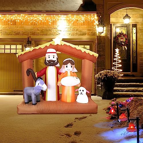 6FT H Christmas Inflatable Nativity Scene with Build-in LED Lights, Christmas Inflatable Outdoor Indoor Decorations Large Party Yard Decoration (The Nativity)