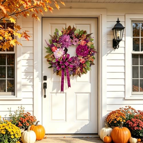 Fall Wreaths for Front Door 24" Vintage Autumn Wreath with Velvet Bow