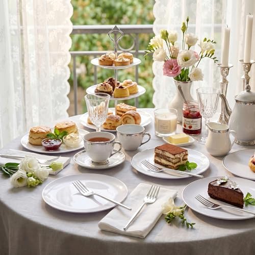 Rubtlamp 100Pcs Plastic Dessert Plates 7.5inch,100Pcs Disposable Silver Forks,White Plastic Plates With Silver Rim, Small Plastic Plates,Dessert Plates With Forks for Appetizer Cake