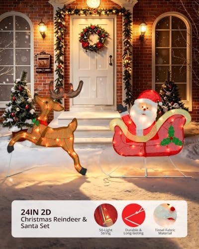 Christmas Lighted Decoration 24 Inch Reindeer with Sleigh & Santa, Xmas