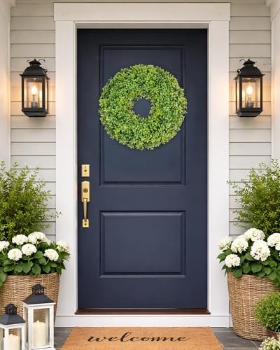 DDHS 20" Boxwood Wreaths Front Door, Artificial Spring Summer Wreath with Sash and Foldable, Year Round Indoor Outdoor for Farmhouse Fireplaces and Porches DIY St Patricks Day Decor-Gradient Green