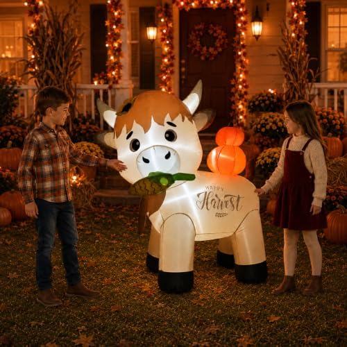 5FT Thanksgiving Inflatable Highland Cow Outdoor Decoration, Harvest Cow Blow Up Yard Decor with Pumpkin, Corn Cob, LED Lights for Fall Lawn Garden Party