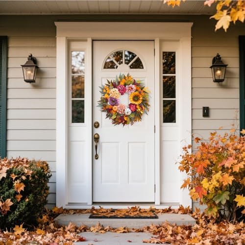 24 Inch Artificial Fall Wreaths for Front Door Outside with Sunflower,Peony
