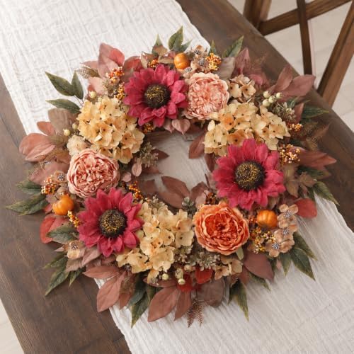 24"Fall Artificial Wreath with Sunflower Peony for Front Door Decor(Orange)