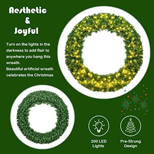 Goplus 48 Inch Large Pre-Lit Christmas Wreath, Battery Operated Winter Wreaths for Front Door with 200 LED Lights and Timer, Lighted Artificial Hanging Xmas Wreath for Windows Wall Mantel Home Decor