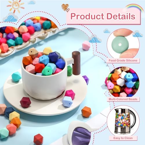Hotop 288 Pcs Hexagon Silicone Beads Bulk 48 Colors 14mm