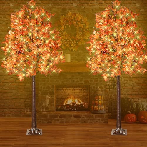 2 Pack 6FT 130 LED Lighted Maple Tree - Thanksgiving Decor Artificial Fall Tree with 13 Branches, 13 Acorns 260 Leaves, Remote 8 Modes, Timing, DC 5V Safe for Outdoor Wedding Party Autumn Decor