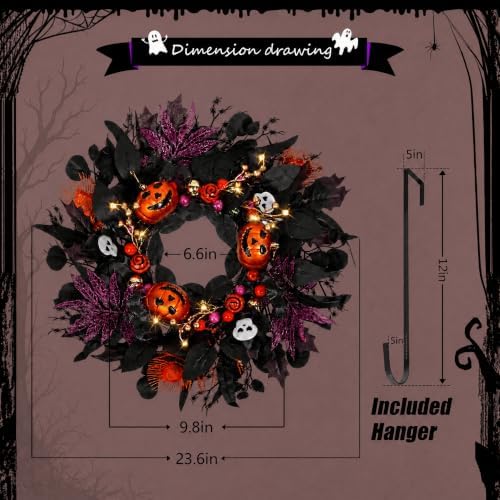 Halloween Wreath for Front Door, 24" Black Gothic Spooky Outdoor Décor