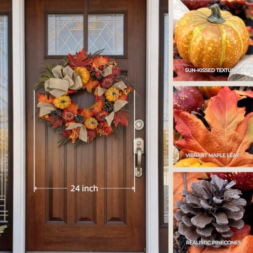 24 Inch Fall Wreath for Front Door, Autumn Harvest Outdoor Decoration
