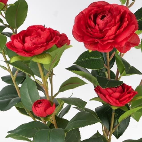 Artificial Camellia Tree 2 Pack, 3FT Faux Camellia Plant in Pot, 36 inch Fake Potted Camellia Flower Tree Plastic Camellia Tree for Modern Home Office Christmas Living Room Floor Decor Indoor, Red